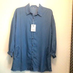 Lumister women’s long puff sleeves chambray tunic top size medium.